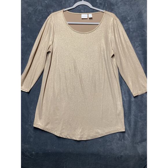Chicos Blouse Top Women’s Plus Sz 1 Gold Shimmery 3/4 Sleeve Holiday Party - Picture 1 of 7